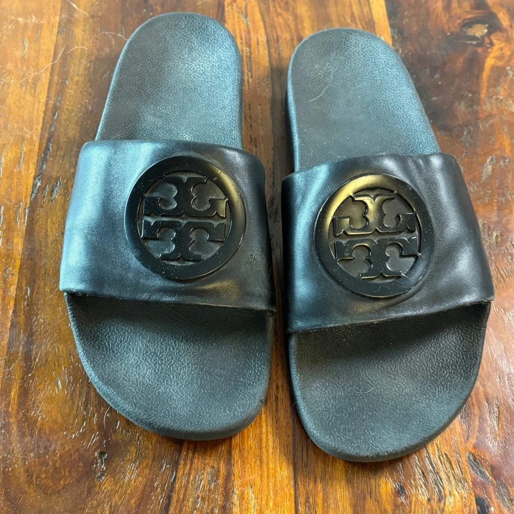 Tory Burch Miller Cloud Black Leather Logo Slide Sandals Womens Size 9